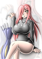 Rule 34 | 1girl, blush, breasts, closed umbrella, cross, cross necklace, hair over one eye, highres, huge breasts, impossible clothes, impossible sweater, inverted cross, jewelry, krieg (skullgirls), crossed legs, long hair, necklace, parasoul (skullgirls), red hair, sitting, skullgirls, solo, sweater, takilmar, taut clothes, umbrella, yellow eyes