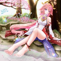 Rule 34 | absurdres, anklet, barefoot, blush, feet, foot tease, genshin impact, happy, highres, jewelry, leg lift, sitting, smile, soles, spread legs, toes, water, wet, yae miko