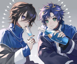 Rule 34 | 2boys, alternate costume, astel leda, black hair, black nails, blonde hair, blue hair, bottle, chain, chain necklace, collar, cup, gradient background, green eyes, grey background, holding, holding bottle, holding cup, holostars, jacket, jewelry, kanade izuru, looking at viewer, luma8b, male focus, multicolored hair, multiple boys, multiple rings, necklace, open clothes, open jacket, purple eyes, ring, short hair, slit pupils, smile, sparkle, two-tone hair, upper body, virtual youtuber