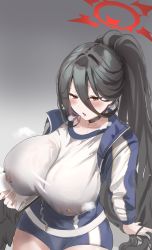 Rule 34 | 1girl, absurdres, black hair, black wings, blue archive, blue shorts, blush, breasts, collarbone, covered erect nipples, gradient background, gym shirt, gym shorts, gym uniform, hair between eyes, halo, hasumi (blue archive), hasumi (track) (blue archive), highres, horin, huge breasts, jacket, long hair, notepad, ponytail, red eyes, resolution mismatch, see-through, see-through shirt, shirt, shorts, sitting, solo, source larger, sweat, track jacket, very long hair, white shirt, wings