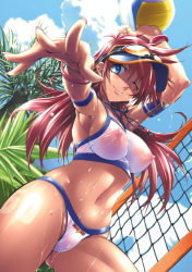 Rule 34 | 1girl, armpits, ball, bikini, blue eyes, breasts, covered erect nipples, day, long hair, medium breasts, nipples, one eye closed, original, rakko (r2), red hair, see-through, solo, swimsuit, visor cap, volleyball, volleyball (object), wet