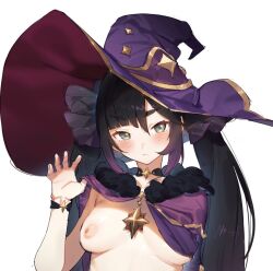 Rule 34 | 1girl, asymmetrical bangs, black choker, black hair, blush, breasts, cape, choker, claw pose, closed mouth, commentary, english commentary, frown, fur-trimmed cape, fur trim, gebijiade 89, genshin impact, gold trim, green eyes, hair between eyes, hat, long hair, looking at viewer, medium breasts, mona (genshin impact), nipples, one breast out, purple cape, purple hair, purple hat, ribbon, simple background, solo, star (symbol), star choker, twintails, upper body, white background, witch hat, wrist ribbon
