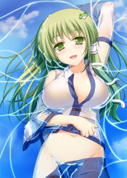 Rule 34 | 1girl, arm up, blush, breasts, clothes pull, detached sleeves, female focus, frog, green eyes, green hair, groin, hair ornament, hair tubes, ippan hei(blood-blood), kochiya sanae, large breasts, long hair, matching hair/eyes, navel, no bra, no nipples, no panties, see-through, skirt, skirt pull, smile, snake, solo, submerged, touhou, water, wet, wet clothes