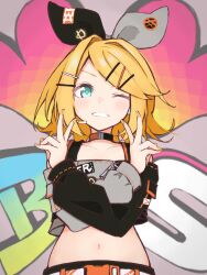 Rule 34 | 1girl, aqua eyes, asymmetrical clothes, bare shoulders, black bow, black shorts, blonde hair, bow, buckle, choker, cidre db, collarbone, commentary, crop top, crossed arms, double v, graffiti, grey bow, grey shirt, grin, hair bow, hair ornament, hairclip, highres, kagamine rin, light blush, looking at viewer, medium hair, midriff, navel, one eye closed, project sekai, shirt, shorts, smile, snap-fit buckle, solo, swept bangs, two-tone bow, v, vivid bad squad (project sekai), vivid bad squad rin, vocaloid, yellow nails
