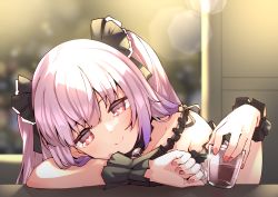 Rule 34 | 1girl, black ribbon, closed mouth, commentary, cup, hair ribbon, head rest, highres, holding, holding cup, hololive, long hair, matching hair/eyes, multicolored hair, nail polish, pink hair, purple hair, red eyes, red nails, ribbon, smile, solo, streaked hair, twintails, upper body, uruha rushia, uruha rushia (3rd costume), valefal coneri, virtual youtuber, wrist cuffs