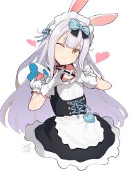Rule 34 | + +, 1girl, ;), animal ears, apron, black dress, blue bow, bow, closed mouth, collarbone, commentary request, criss-cross halter, dated, dress, gloves, grey hair, hair bow, halterneck, hands up, head tilt, heart, heart hands, highres, long hair, looking at viewer, mochizuki himari, one eye closed, puffy short sleeves, puffy sleeves, rabbit ears, rkrk, shirt, short sleeves, signature, simple background, smile, solo, uni create, very long hair, virtual youtuber, waist apron, white apron, white background, white gloves, white shirt, yellow eyes