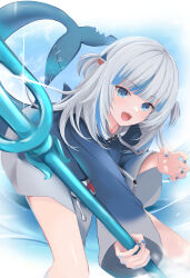 Rule 34 | 1girl, absurdres, animal costume, blue eyes, blue hair, blue hood, blue nails, blunt bangs, blush, fins, fish tail, gawr gura, gawr gura (1st costume), grey hair, hair ornament, highres, holding trident, hololive, hololive english, medium hair, nail polish, naopy, open mouth, shark costume, shark girl, shark hair ornament, shark tail, sharp teeth, sidelocks, smile, tail, teeth, two side up, upper teeth only, virtual youtuber
