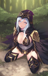 Rule 34 | 1girl, armor, ashe (league of legends), black thighhighs, blue eyes, blush, breasts, cait aron, cape, cleavage, closed mouth, commentary, english commentary, forest, from above, full body, hair between eyes, highres, hood, kneeling, large breasts, league of legends, long hair, nature, outdoors, pauldrons, shoulder armor, sidelocks, silver hair, skirt, solo, thighhighs, torn cape, torn clothes, torn skirt