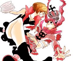 Rule 34 | 2girls, black dress, black footwear, blonde hair, boots, crown, dress, feather boa, female focus, long sleeves, multiple girls, one piece, pantyhose, patterned legwear, perona, pink hair, plate, red footwear, shoes, skirt, stitches, striped legwear, thriller bark, twintails, victoria cindry, zombie