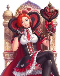 Rule 34 | 1girl, blue eyes, heart, red hair, skirt, solo, tagme, the king of fighters, thighhighs, vanessa (kof), zettai ryouiki