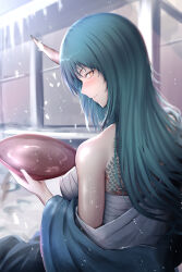 Rule 34 | 1girl, absurdres, alcohol, alternate costume, arknights, back tattoo, bare shoulders, blush, closed mouth, cup, day, from behind, green hair, highres, holding, holding cup, horns, hoshiguma (arknights), japanese clothes, kimono, long hair, looking at viewer, looking back, off shoulder, open clothes, open kimono, outdoors, poni (poni arknights), sakazuki, sake, sarashi, single horn, smile, snowing, solo, tattoo, upper body, very long hair, yellow eyes