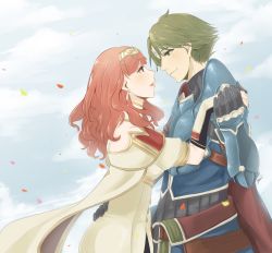 Rule 34 | 1boy, 1girl, alm (fire emblem), armor, blue armor, blush, cape, celica (fire emblem), circlet, cloud, commentary request, couple, day, dress, earrings, eye contact, eyebrows, fire emblem, fire emblem echoes: shadows of valentia, gauntlets, green eyes, green hair, hetero, highres, holding hands, jewelry, lips, long hair, looking at another, nintendo, open mouth, petals, red eyes, red hair, short sleeves, shoulder pads, sky, smile, tiara, yori (a a yori)