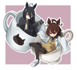 Rule 34 | 2girls, agnes tachyon (umamusume), ahoge, animal ears, black gloves, black legwear, brown hair, commentary request, cup, datemegane, disposable coffee cup, disposable cup, earrings, gloves, hair between eyes, horse ears, jewelry, lab coat, long hair, looking at viewer, manhattan cafe (umamusume), medium hair, multiple girls, necktie, outline, shoes, simple background, single earring, sitting, sleeves past wrists, smile, sweater, teacup, two-tone background, umamusume, white legwear, white outline, yellow sweater