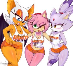 Rule 34 | 3girls, amy rose, blaze the cat, blush, breast envy, breasts, cleavage, collaboration, flamelonewolf, furry, green eyes, highres, hooters, large breasts, looking at viewer, medium breasts, multiple girls, one eye closed, pink hair, rouge the bat, sega, short hair, small breasts, smile, sonic (series), sonic forces, tail, wings, wink