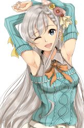 Rule 34 | 1girl, absurdres, armpits, arms up, braid, braided bangs, detached sleeves, flower, gatsby ssl, grey hair, hair flower, hair ornament, highres, hisakawa hayate, idolmaster, idolmaster cinderella girls, idolmaster cinderella girls starlight stage, long hair, looking at viewer, one eye closed, open mouth, simple background, smile, solo, white background