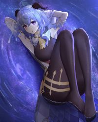 Rule 34 | 1girl, :o, absurdres, ahoge, arms behind head, black pantyhose, blue hair, bodystocking, breasts, cow horns, dido (magicc), full body, ganyu (genshin impact), genshin impact, highres, horns, legs up, long hair, looking at viewer, lying, medium breasts, no shoes, on back, on water, open mouth, pantyhose, purple eyes, simple background, solo, thighs, water
