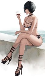Rule 34 | 1girl, alcohol, atlus, bikini, black bikini, black choker, black footwear, black hair, breasts, choker, cleavage, commentary request, crossed legs, cup, drinking glass, from side, full body, high heels, highres, holding, holding cup, j@ck, jewelry, lips, looking ahead, medium breasts, nail polish, necklace, persona, persona 5, poolside, red eyes, red nails, sega, short hair, side-tie bikini bottom, sitting, skindentation, swimsuit, takemi tae, wine, wine glass
