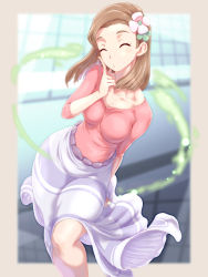 Rule 34 | 1girl, ^ ^, aroma lady (pokemon), belt, blush, breasts, brown hair, closed eyes, closed mouth, commentary request, creatures (company), eyebrows, flower, full body, game freak, hair flower, hair ornament, highres, index finger raised, kous (onetwojustice), medium breasts, nintendo, pink shirt, pokemon, pokemon oras, shirt, short hair, skirt, solo, standing