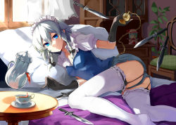 Rule 34 | 1girl, ass, bad id, bad pixiv id, bed, black gloves, black panties, blue eyes, bow, braid, character doll, cup, emerane, female focus, floating, floating object, garter straps, gloves, hair bow, izayoi sakuya, knife, lying, maid headdress, on side, panties, pillow, pocket watch, remilia scarlet, short shorts, shorts, silver hair, solo, tea, teacup, teapot, thighhighs, touhou, twin braids, underwear, watch, weapon, white thighhighs