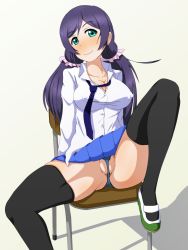 Rule 34 | 10s, 1girl, black legwear, blue eyes, blush, breasts, chair, covered erect nipples, highres, large breasts, legs, long hair, looking at viewer, love live!, love live! school idol project, purple hair, pussy, school uniform, simple background, sitting, skirt, smile, solo, spread legs, thighs, thong, tojo nozomi, twintails, white background