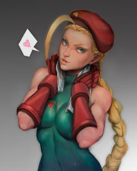 Rule 34 | 1girl, alberto moldes, aqua eyes, beret, blonde hair, braid, braided ponytail, breasts, cammy white, capcom, covered navel, elbow gloves, facial scar, gloves, gradient background, hat, head tilt, heart, impossible clothes, impossible leotard, large breasts, leotard, parted lips, red gloves, scar, scar on cheek, scar on face, single braid, solo, spoken heart, street fighter, street fighter ii (series), toned, towel, upper body