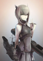 Rule 34 | 10s, 1girl, absurdres, brown eyes, brown hair, clenched teeth, flat chest, gradient background, grey background, headgear, highres, kantai collection, long sleeves, looking at viewer, looking to the side, machinery, narrowed eyes, nito (nshtntr), pleated skirt, short hair, skirt, sleeves past wrists, solo, taihou (kancolle), teeth, upper body, v