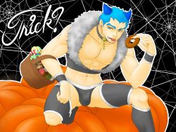 Rule 34 | 1boy, :p, abs, animal ears, aqua hair, bara, basket, black male underwear, briefs, bulge, commentary request, detached leggings, full body, halloween, holding, holding basket, looking at viewer, male focus, male underwear, muscular, muscular male, navel, nipples, pectoral cleavage, pectorals, porkjinta, shiki (novel), short hair, sideburns, solo, stomach, tatsumi (shiki), thighhighs, thighs, tongue, tongue out, underwear, wolf boy, wolf ears
