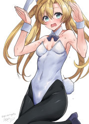 Rule 34 | 1girl, abukuma (kancolle), alternate costume, animal ears, black pantyhose, blonde hair, blue eyes, bow, bowtie, breasts, commentary request, detached collar, double bun, fake animal ears, grey bow, grey bowtie, hair between eyes, hair bun, hair rings, highres, kantai collection, leotard, long hair, looking at viewer, mizuta kenji, pantyhose, playboy bunny, rabbit ears, rabbit pose, rabbit tail, simple background, small breasts, solo, standing, standing on one leg, strapless, strapless leotard, sweat, nervous sweating, tail, wavy mouth, white background, white leotard, wrist cuffs