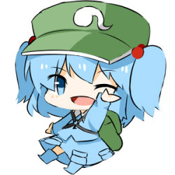 Rule 34 | 1girl, backpack, bad id, bad pixiv id, bag, blue eyes, blue hair, hair bobbles, hair ornament, hat, katori (quietude), katorinuko, kawashiro nitori, key, lowres, one eye closed, open mouth, short hair, simple background, touhou, twintails, two side up, white background, wink