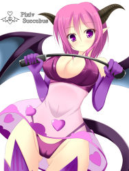 Rule 34 | 1girl, breasts, cameltoe, cleavage, demon girl, demon tail, female focus, heart, holding, holding riding crop, horns, jiuniang (anonmyth), large breasts, looking at viewer, luxuria, pixiv succubus, pointy ears, purple hair, purple thighhighs, riding crop, see-through, short hair, simple background, smile, solo, tail, thigh gap, thighhighs, white background