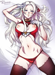 Rule 34 | 1girl, black thighhighs, blush, breasts, closed mouth, edelgard von hresvelg, fire emblem, fire emblem: three houses, gloves, hair ribbon, lingerie, long hair, looking at viewer, medium breasts, mina cream, naughty face, navel, nintendo, nipples, panties, parted bangs, purple eyes, ribbon, seductive smile, smile, solo, thighhighs, thighs, underwear, white gloves, white hair