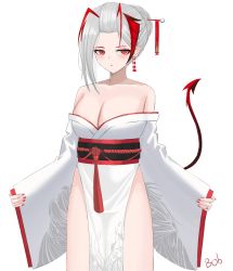 Rule 34 | 1girl, alternate costume, alternate hairstyle, antenna hair, arknights, artist name, bare shoulders, blush, bob (bob79219), breasts, cleavage, closed mouth, collarbone, cowboy shot, demon girl, demon horns, demon tail, earrings, forehead, grey hair, hair ornament, hair stick, highres, horns, japanese clothes, jewelry, kimono, large breasts, long sleeves, multicolored hair, nail polish, obi, off shoulder, pelvic curtain, red eyes, red hair, red lips, red nails, ring, sash, short hair, solo, tail, tassel, thighs, two-tone hair, uchikake, w (arknights), wedding band, white kimono, wide sleeves