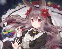 Rule 34 | 1girl, animal ear fluff, animal ears, black bow, black bowtie, black dress, blush, bow, bowtie, breasts, dress, dutch angle, flower, frilled dress, frills, grey hair, hair between eyes, hair intakes, hair ornament, hand up, holding, holding pen, jimmy madomagi, juliet sleeves, leaf hair ornament, long sleeves, looking at viewer, orb, original, parted lips, pen, puffy sleeves, rabbit ears, red eyes, red flower, rose, sidelocks, small breasts, solo