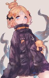 Rule 34 | 1girl, abigail williams (fate), abigail williams (traveling outfit) (fate), alternate hairstyle, bandaid, bandaid on face, bandaid on forehead, belt, black bow, black jacket, blonde hair, blue eyes, blush, bow, fate/grand order, fate (series), forehead, grey background, hair bow, hair bun, high collar, highres, holding, holding stuffed toy, jacket, long hair, looking at viewer, official alternate costume, open mouth, orange bow, parted bangs, polka dot, polka dot bow, shin murasame, simple background, single hair bun, sleeves past fingers, sleeves past wrists, solo, stuffed animal, stuffed toy, teddy bear, tentacles