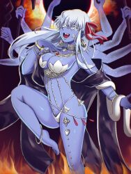 Rule 34 | 1girl, armor, bare shoulders, belly chain, bikini armor, blue eyes, blue skin, bracelet, breasts, cleavage, collarbone, colored skin, earrings, eclipse, extra arms, fate/grand order, fate (series), fire, hair ribbon, jewelry, kali (fate), large breasts, long hair, looking at viewer, neck ring, necklace, nikumaki43, open mouth, pelvic curtain, polearm, revealing clothes, ribbon, sash, smile, snake, solo, thighs, third eye, thumb ring, very long hair, weapon, white hair