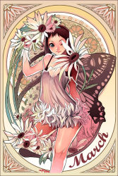 Rule 34 | 1girl, art nouveau, bare shoulders, blue eyes, braid, brown hair, butterfly wings, chkuyomi, dress, flower, happy, insect wings, long hair, mucha-esque, one eye closed, see-through, smile, solo, twin braids, very long hair, wings, wink