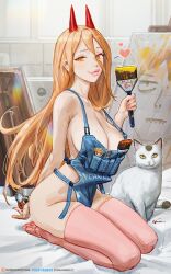 Rule 34 | 1girl, animal, bare shoulders, blonde hair, breasts, canvas (object), cat, chainsaw man, character doll, cleavage, denji (chainsaw man), etama quomo, hair between eyes, heart, horns, huge breasts, large breasts, long hair, looking at viewer, naked overalls, overalls, paintbrush, pink thighhighs, power (chainsaw man), seiza, sitting, smile, solo, symbol-shaped pupils, thighhighs, yellow eyes