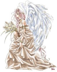 Rule 34 | 1990s (style), 1998, 1girl, angel, angel wings, bare shoulders, bouquet, dress, feathered wings, flower, from side, full body, jewelry, lots of jewelry, necklace, original, profile, red hair, retro artstyle, shiina satsuki, signature, sleeveless, sleeveless dress, solo, wheat, white dress, wings, wreath