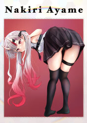 Rule 34 | 1girl, absurdres, ass, bent over, black panties, blush, feet, from behind, gradient hair, highres, hololive, horns, leaning forward, long hair, looking at viewer, looking back, multicolored hair, nakiri ayame, necktie, panties, red eyes, red hair, shirt, skin-covered horns, skirt, sleeveless, sleeveless shirt, solo, standing, streaked hair, terra bose, thigh strap, thighhighs, twintails, underwear, virtual youtuber, white hair, white shirt