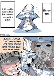 Rule 34 | 1girl, 2boys, angry, blue hair, blue skin, blush, cloak, closed eyes, coat, colored skin, elden ring, extra arms, extra faces, fur cloak, fur coat, hard-translated, hat, helmet, highres, holding, long hair, mini person, miniature ranni, minigirl, multiple boys, noda ryo, one eye closed, own hands together, pervert, preceptor seluvis, ranni the witch, robe, shaking, simple background, spoilers, sweat, tarnished (elden ring), teeth, third-party edit, third-party source, translated, vagabond (elden ring), white robe, witch, witch hat