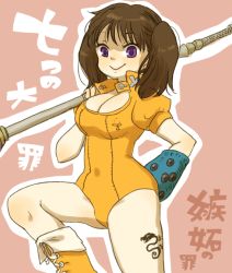 Rule 34 | 10s, 1girl, animal print, arm behind back, black hair, blue gloves, blush, bodysuit, boots, breasts, brown hair, cleavage, closed mouth, copyright name, covered navel, cross-laced footwear, diane (nanatsu no taizai), elbow gloves, emblem, eyelashes, from side, gloves, hammer, happy, high collar, highres, hip focus, holding, holding weapon, knee boots, large breasts, leg up, legs apart, leotard, light smile, long hair, looking at viewer, nanatsu no taizai, outline, over shoulder, pink background, polearm, puffy short sleeves, puffy sleeves, purple eyes, short sleeves, simple background, single elbow glove, single glove, smile, snake, solo, tattoo, thighs, translation request, twintails, unbuttoned, weapon, weapon over shoulder, yukke