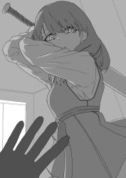 Rule 34 | 1girl, 1other, arms up, baseball bat, bow, breasts, commentary request, constricted pupils, dress, ebifryman, expressionless, greyscale, highres, holding, holding baseball bat, idolmaster, idolmaster cinderella girls, imminent death, indoors, long sleeves, looking at viewer, medium breasts, monochrome, out of frame, pov, sakuma mayu, shirt, short hair, solo focus, waist bow, window, yandere