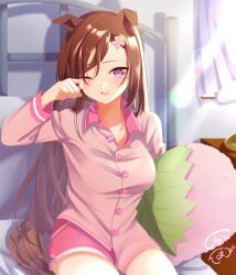 Rule 34 | 1girl, animal ears, bed, blush, breasts, commentary request, curtains, ears down, flower-shaped pupils, hair down, hair ornament, hairclip, highres, holding, holding pillow, horse ears, horse girl, horse tail, indoors, lens flare, long hair, long sleeves, looking at viewer, medium breasts, on bed, one eye closed, open mouth, pillow, pink shirt, pink shorts, ponzu (rrrritisu), sakura bakushin o (umamusume), shirt, shorts, sleepwear, solo, symbol-shaped pupils, tail, umamusume, waking up