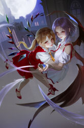 Rule 34 | 2girls, absurdres, adapted costume, backlighting, bare shoulders, bat wings, blonde hair, blurry, blush, crystal, depth of field, dress, flandre scarlet, forehead, full body, full moon, highres, holding, holding pocket watch, light smile, looking at viewer, moon, moonlight, multiple girls, night, night sky, no headwear, off-shoulder dress, off shoulder, perspective, petite, pocket watch, puffy short sleeves, puffy sleeves, pupil g, purple hair, realistic, red eyes, red skirt, red vest, remilia scarlet, short sleeves, siblings, side ponytail, sidelighting, sisters, skirt, skirt set, sky, touhou, underlighting, vest, watch, white dress, wings