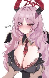 Rule 34 | 1boy, 1girl, @ @, blue archive, blush, bra, grabbing another&#039;s breast, breasts, cleavage, demon horns, fang, grabbing, halo, hetero, highres, horns, large breasts, long hair, looking at viewer, military, military uniform, mole, mole on breast, necktie, pink hair, quel (quel1111), red bra, red eyes, red necktie, satsuki (blue archive), sweat, underwear, uniform