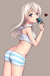 Rule 34 | 1girl, ass, blush, camisole, crop top, crop top overhang, dimples of venus, eila ilmatar juutilainen, heart, long hair, looking at viewer, looking back, momiji7728, purple eyes, short shorts, shorts, silver hair, simple background, smile, solo, strike witches, striped clothes, striped shorts, world witches series