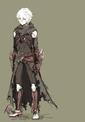 Rule 34 | 1boy, armor, armored boots, boots, brown gloves, brown pants, brown shirt, cape, closed mouth, commentary request, elbow gloves, expressionless, eyes visible through hair, full body, gauntlets, gloves, grey background, guillotine cross (ragnarok online), hair between eyes, half-closed eyes, highres, kusabi (aighe), long bangs, looking at viewer, male focus, official alternate costume, pants, ragnarok online, red armor, shirt, short hair, simple background, sketch, sleeveless, sleeveless shirt, solo, standing, torn cape, torn clothes, waist cape, white hair, yellow eyes