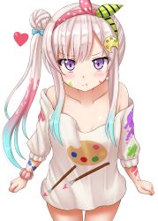 Rule 34 | 1girl, :t, airani iofifteen, airani iofifteen (1st costume), bare shoulders, blue hair, blush, breasts, cleavage, closed mouth, collarbone, gradient hair, grey hair, hair bun, hair ornament, heart, highres, hololive, hololive indonesia, kazenokaze, long hair, long sleeves, looking at viewer, multicolored hair, nail polish, off-shoulder shirt, off shoulder, pink hair, pink scrunchie, pout, print shirt, purple eyes, scrunchie, shirt, side bun, side ponytail, simple background, single hair bun, single side bun, small breasts, solo, v-shaped eyebrows, very long hair, virtual youtuber, white background, white shirt, wrist scrunchie