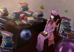 Rule 34 | 1girl, bad id, bad pixiv id, book, book stack, bow, bowtie, capelet, chair, crescent, crescent hair ornament, crescent moon, dress, hair bow, hair ornament, hair ribbon, hat, hat bow, highres, indoors, long hair, long sleeves, looking at viewer, mob cap, moon, patchouli knowledge, purple dress, purple eyes, purple hair, ribbon, robe, sakkun2014, sitting, solo, striped clothes, striped dress, table, touhou, tress ribbon