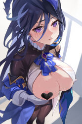 Rule 34 | 1girl, areola slip, blue cape, blue hair, blue hat, blush, breasts, breasts out, cape, clorinde (genshin impact), covered erect nipples, genshin impact, gloves, hat, hat feather, heart pasties, large breasts, long hair, long sleeves, looking at viewer, neck ribbon, open clothes, pantyhose, pasties, purple eyes, revision, ribbon, solo, tomas (kaosu22), tricorne, uniform, white gloves